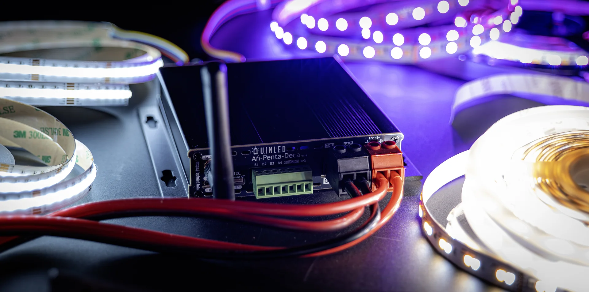 An-Penta-Deca front: branding, colour-coded terminals and power inputs, wired to LED strips