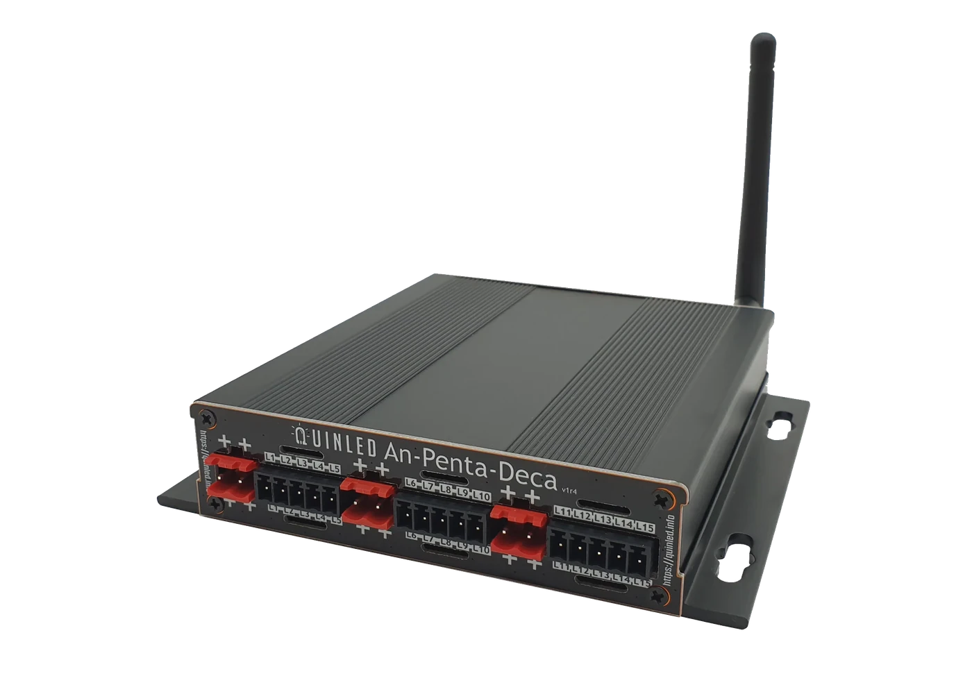QuinLED An-Penta-Deca 15-channel analog LED controller with pluggable terminals and mounting flanges