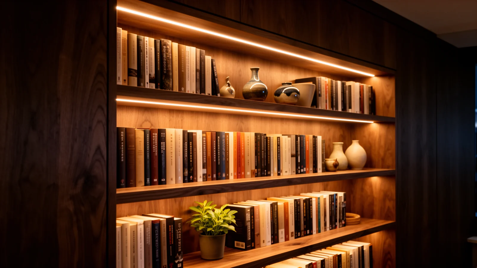 Bookcase warm-white shelf lighting