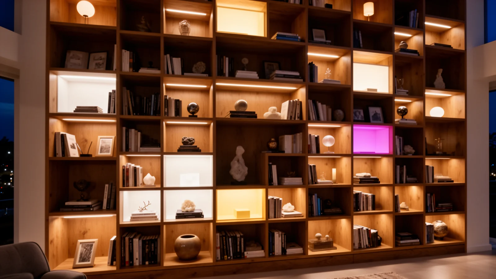 Large shelving wall with each shelf independently lit
