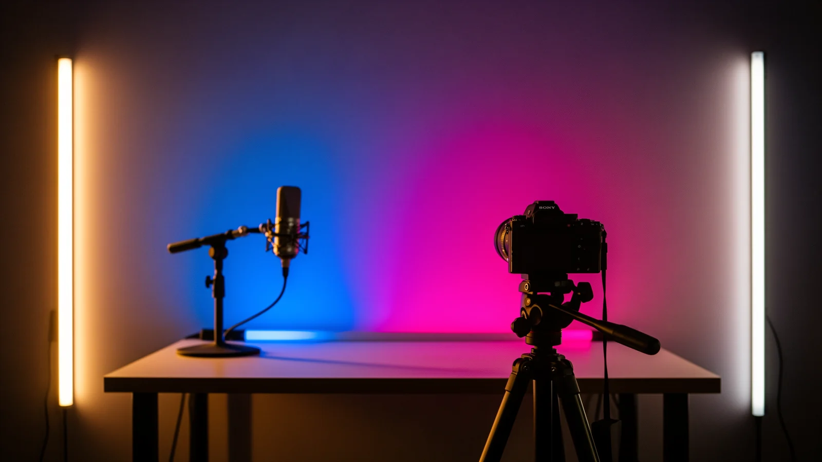 DIY YouTuber home studio with neutral-white key and fill light and colour accent zones