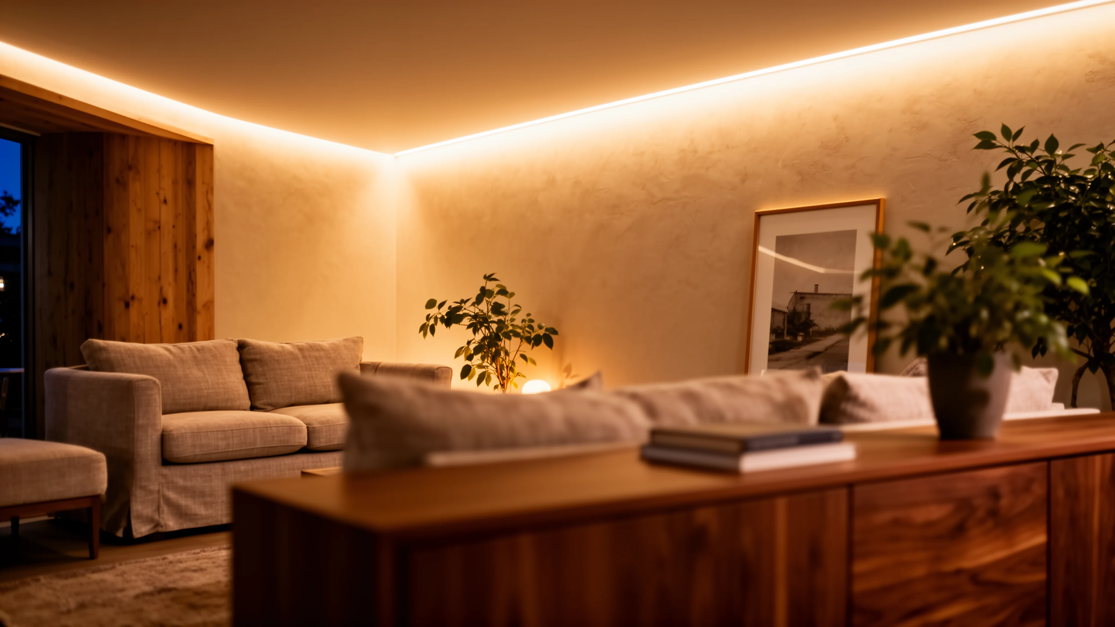 Warm living-room cove lighting driven by a QuinLED An-Penta-Plus analog LED controller