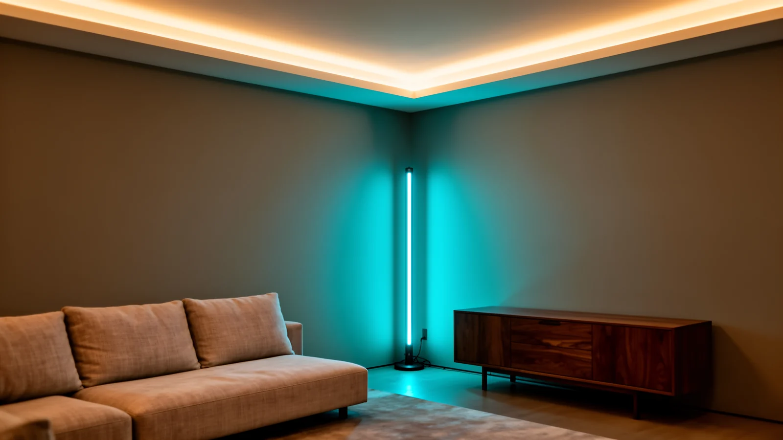 Living room with a warm-white ceiling cove and a single-colour teal corner light bar washing the wall