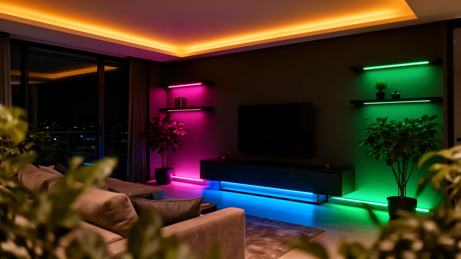 Living room with several single-colour accent strips