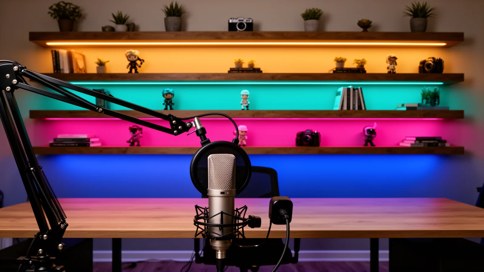 YouTube-style streaming desk seen from the camera, a microphone in front and shelves behind each lit a different single colour