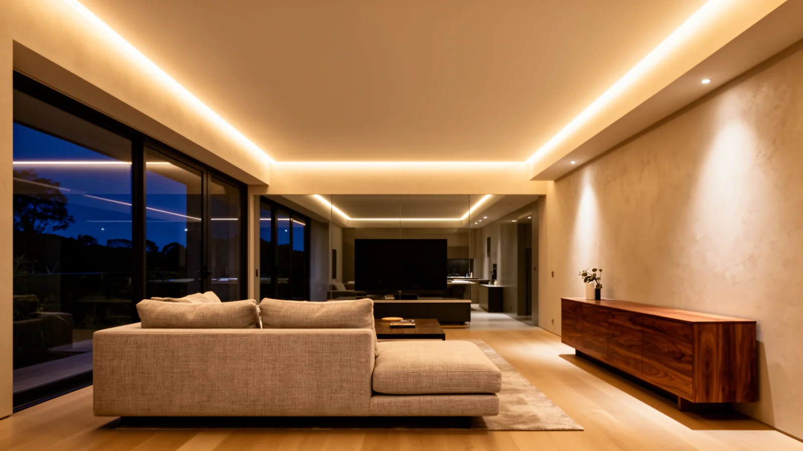 Large open-plan warm-white cove lighting