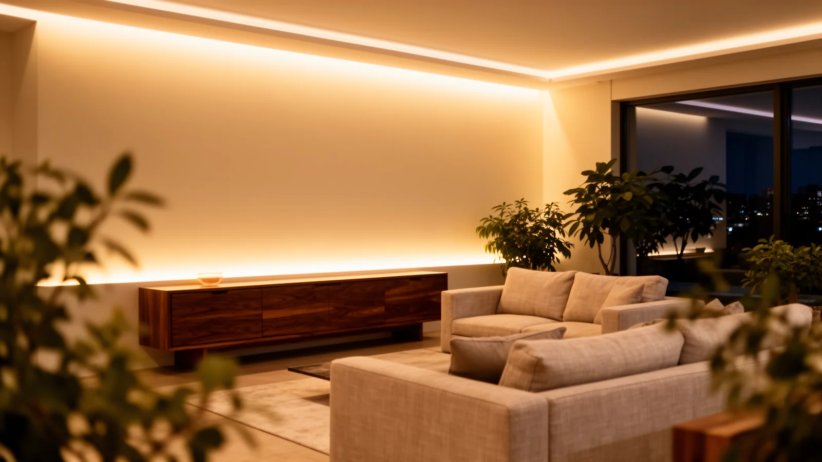 Living room with a soft warm-white cove wash from hidden LED strips