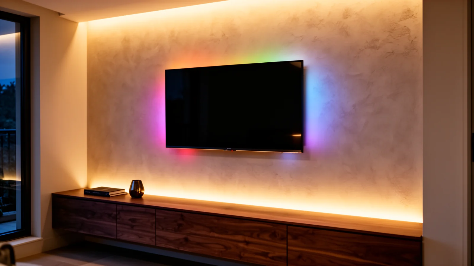 Media wall with warm cove and digital pixel strip