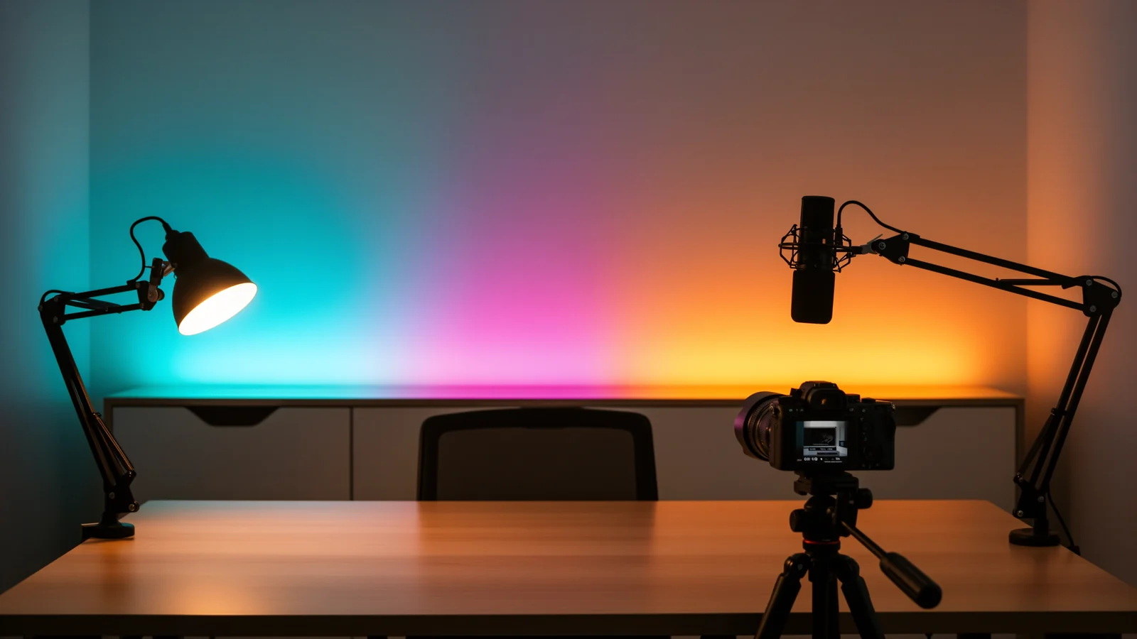 DIY creator studio with a warm key light and an addressable rainbow colour wash on the back wall