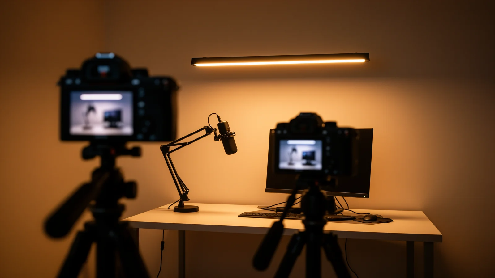 A content-creator desk and video set lit by clean, flicker-free warm-white light